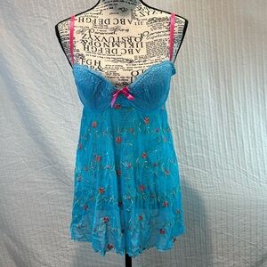 Victoria's Secret Sz M Blue Floral Embroidered Babydoll Mesh Chemise Top Vintage